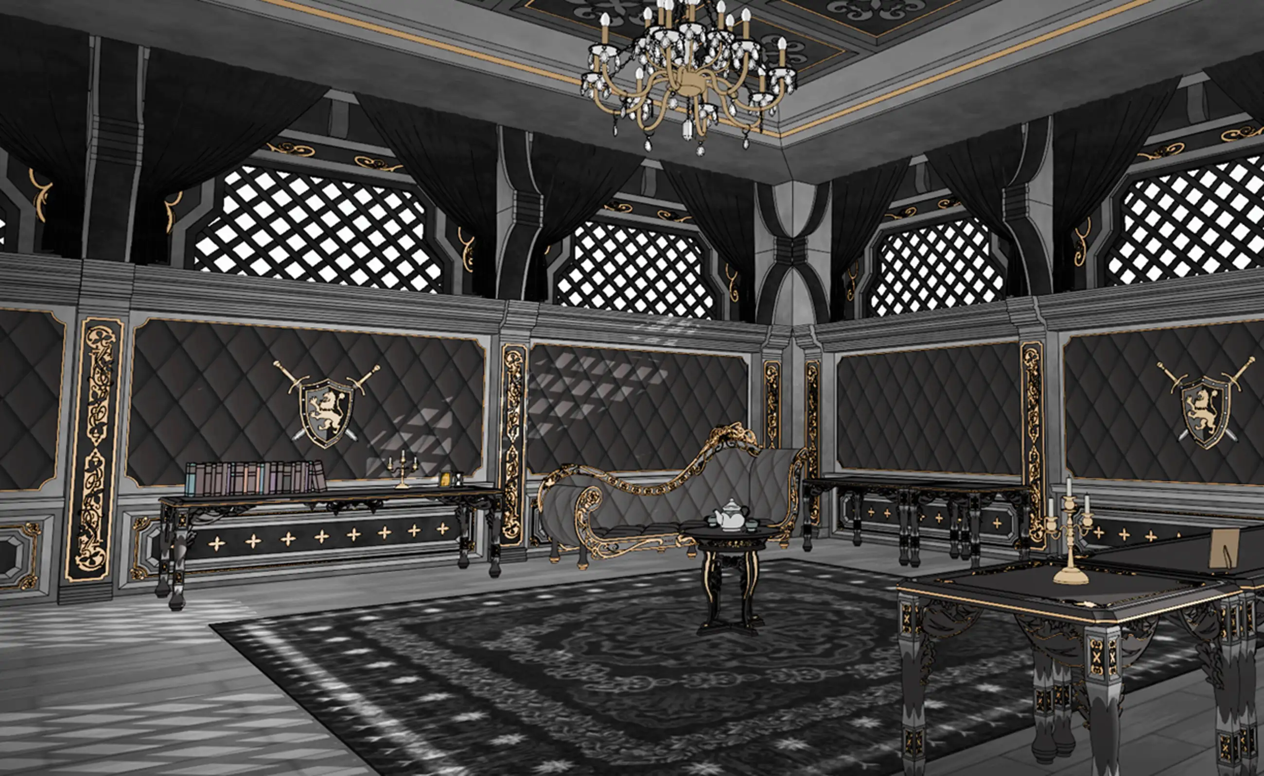 Dark Citadel interior and exterior webtoon sketchup background set