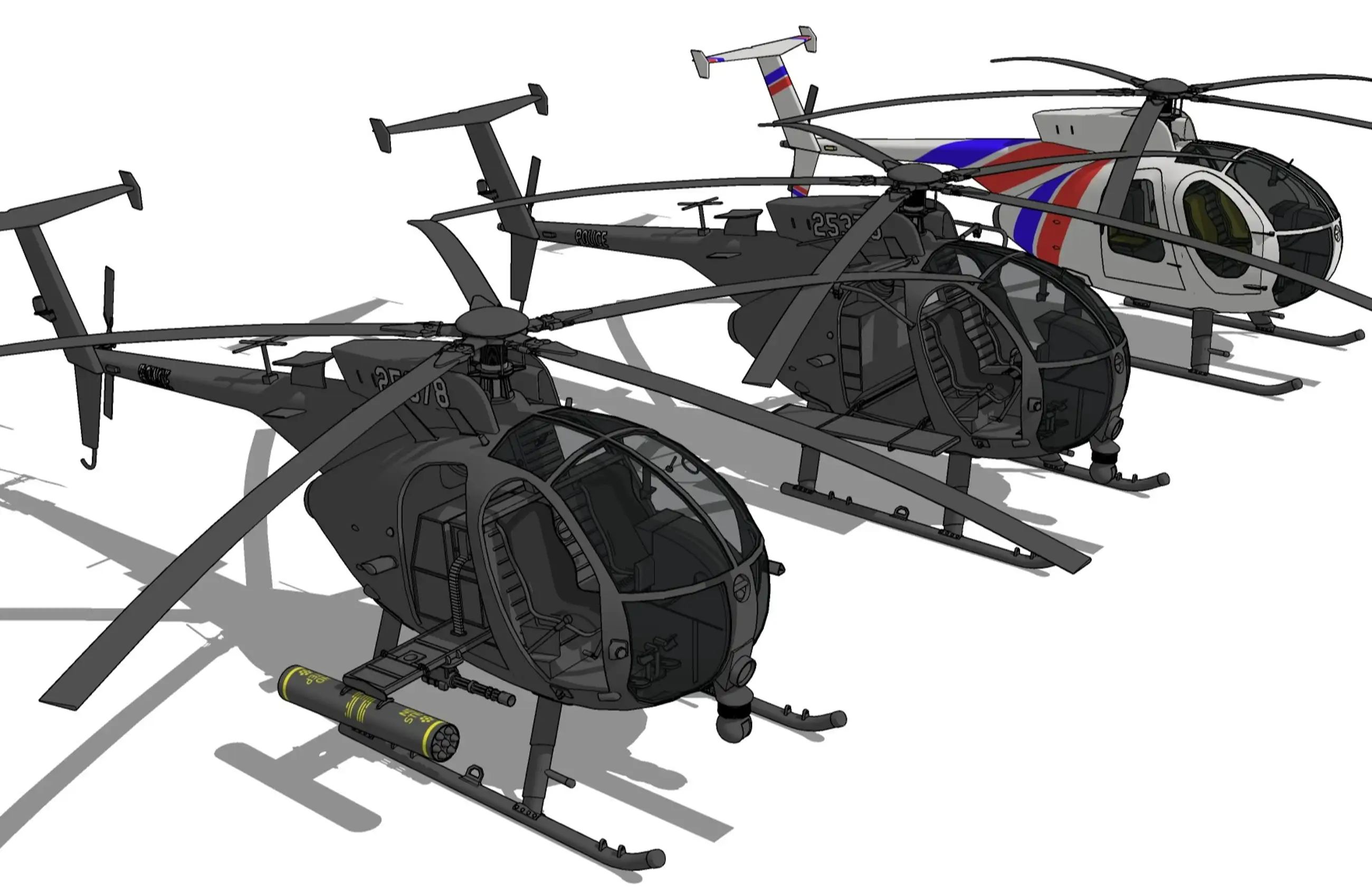 Collection of three helicopters (military, civilian, transport)