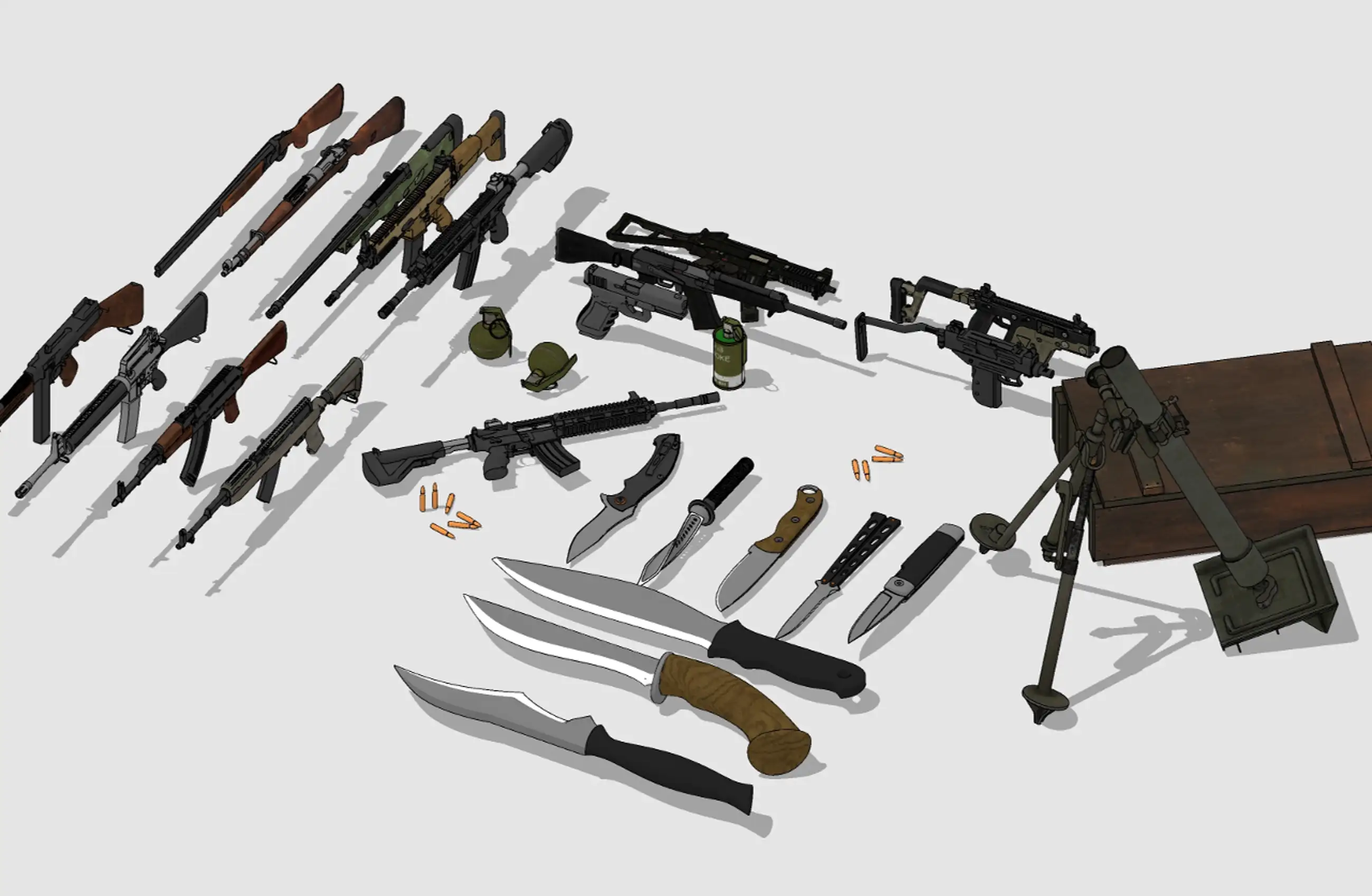 Weapons (guns, knives, grenades, throwing weapons)