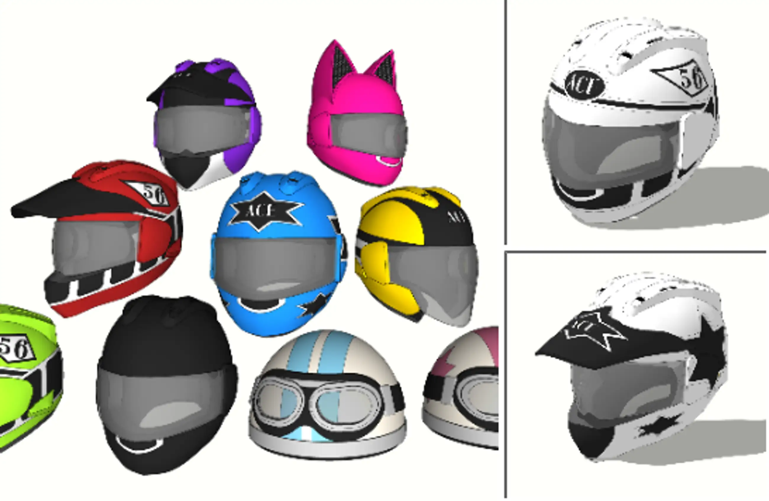 5 collection of motorcycle helmets (full face, half face, off-road, semi-mo, cat ears)