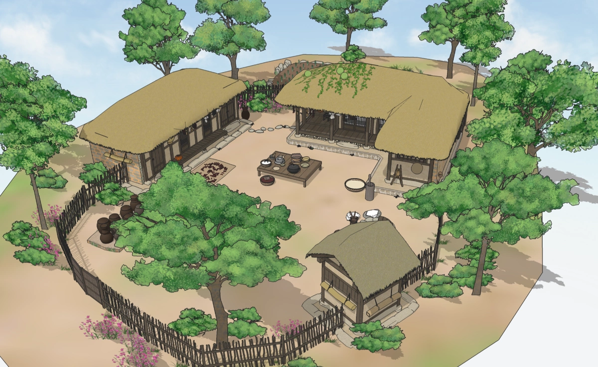 朝鮮時代 - 藁葺き屋根の家の内外