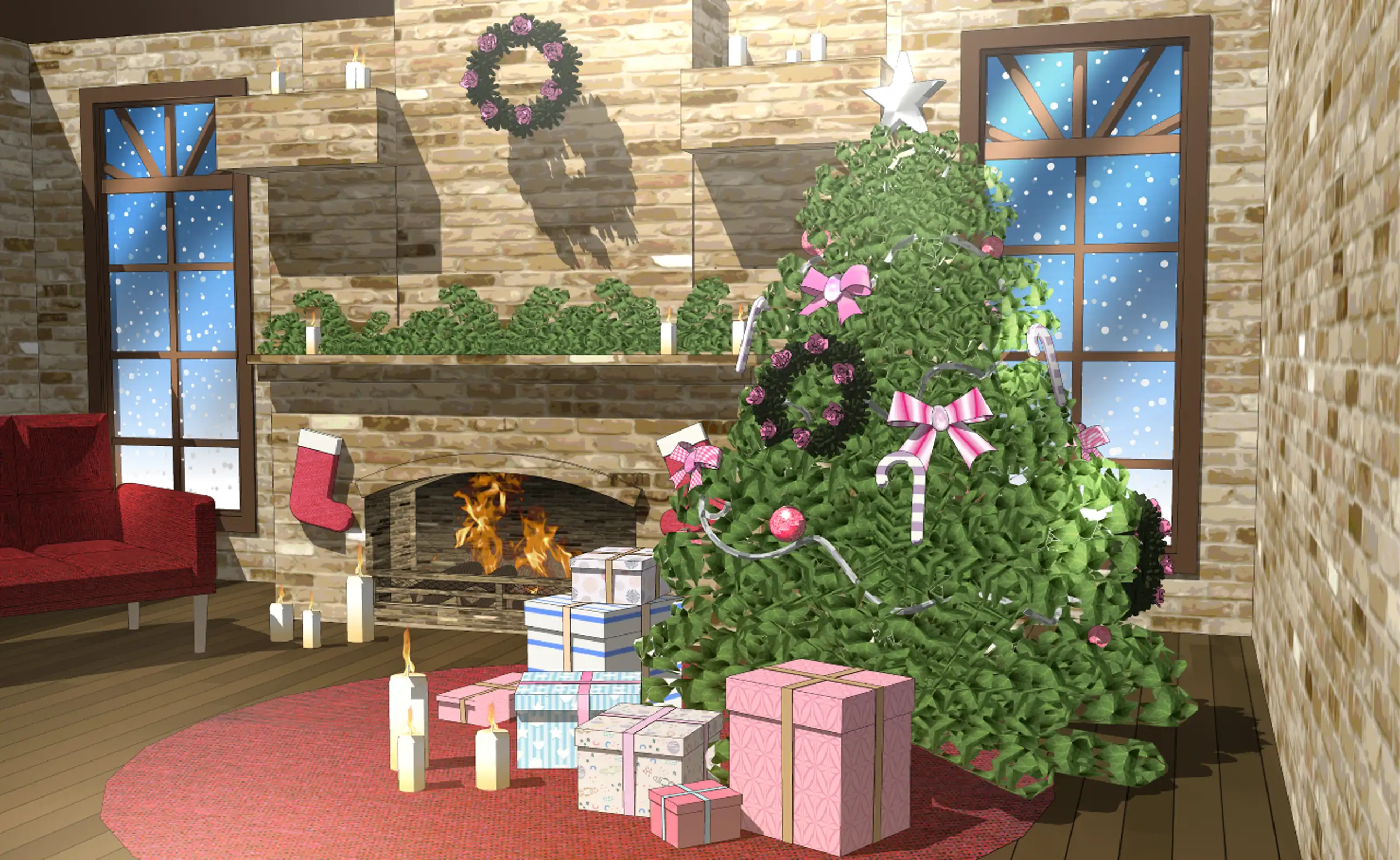 Christmas trees and fireplaces