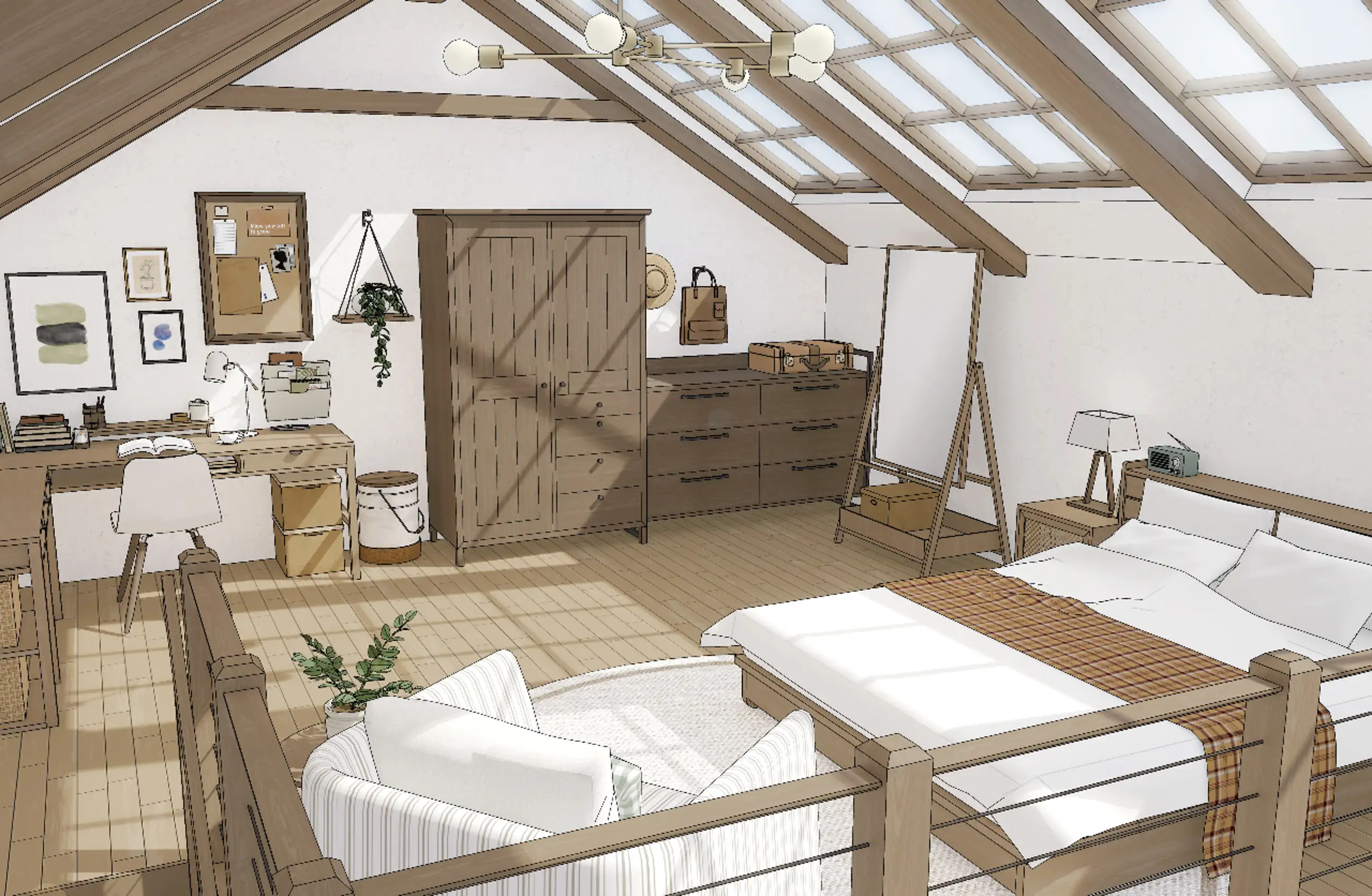 Interior of an attic two-story studio apartment