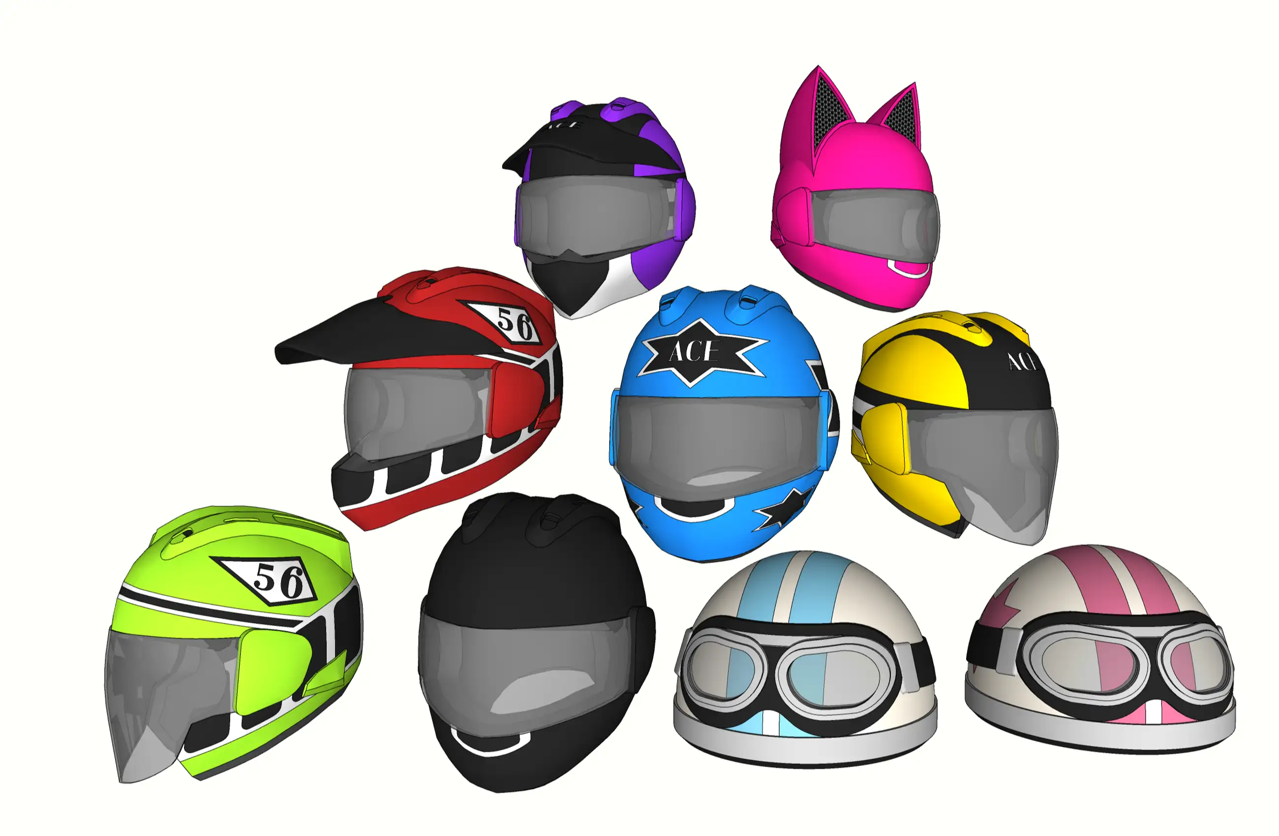 5 collection of motorcycle helmets (full face, half face, off-road, semi-mo, cat ears)
