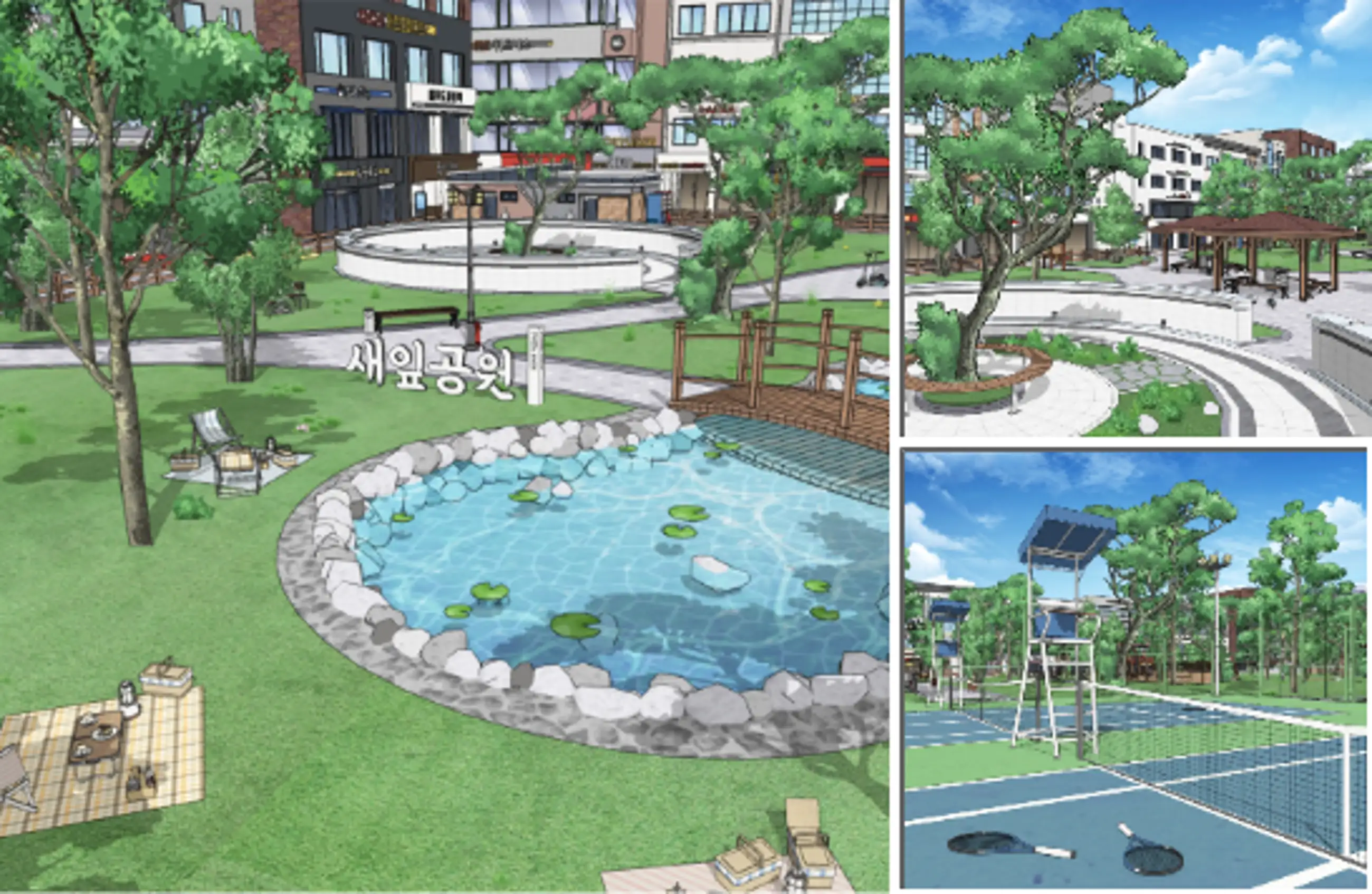 Tennis court & basketball court & small stage & fountain park - Daytime