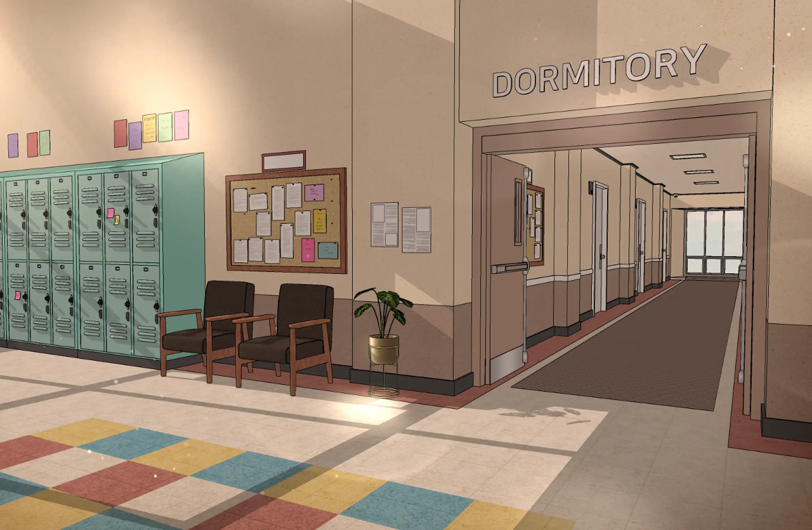 Hallways of American school dormitories