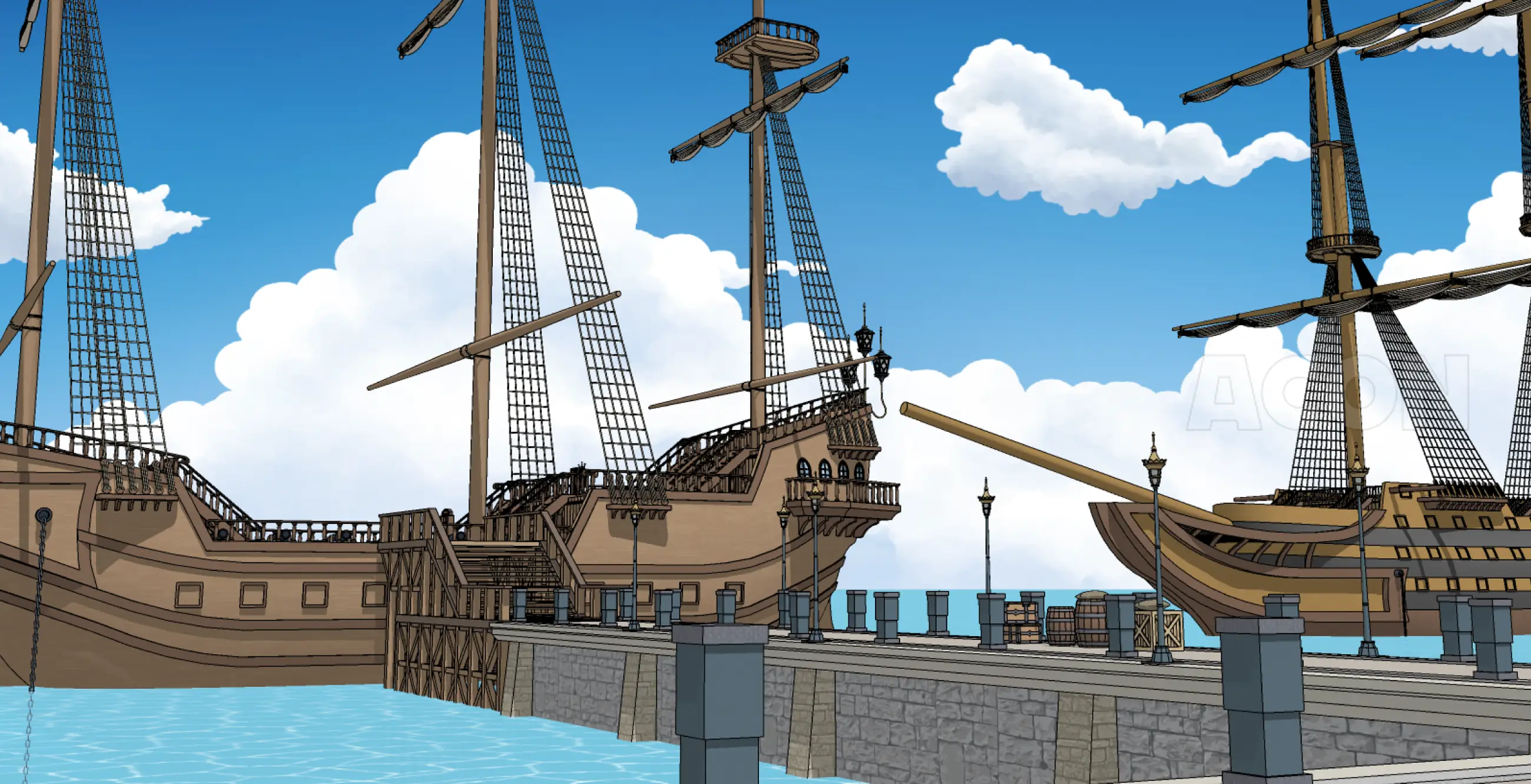 中世ファンタジー·帆船/帆船内部/港セット