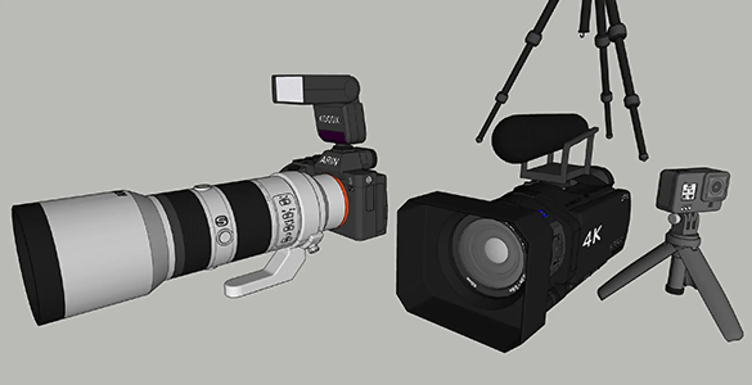 3 personal broadcast cameras (mirrorless, camcorder, action cam)