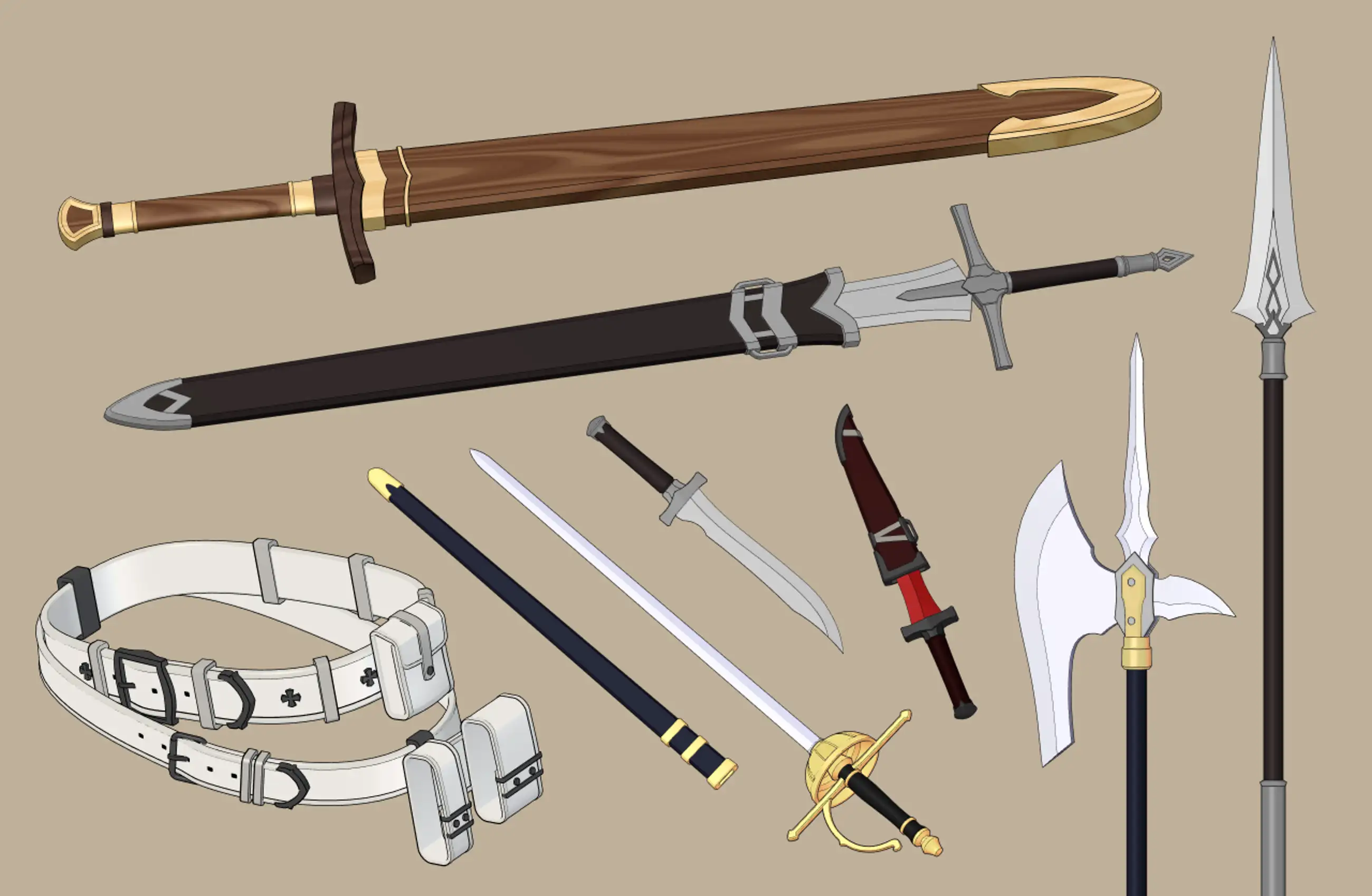 3D Romance fantasy Weapon D - Wooden Sword, Belt, Raypier et al