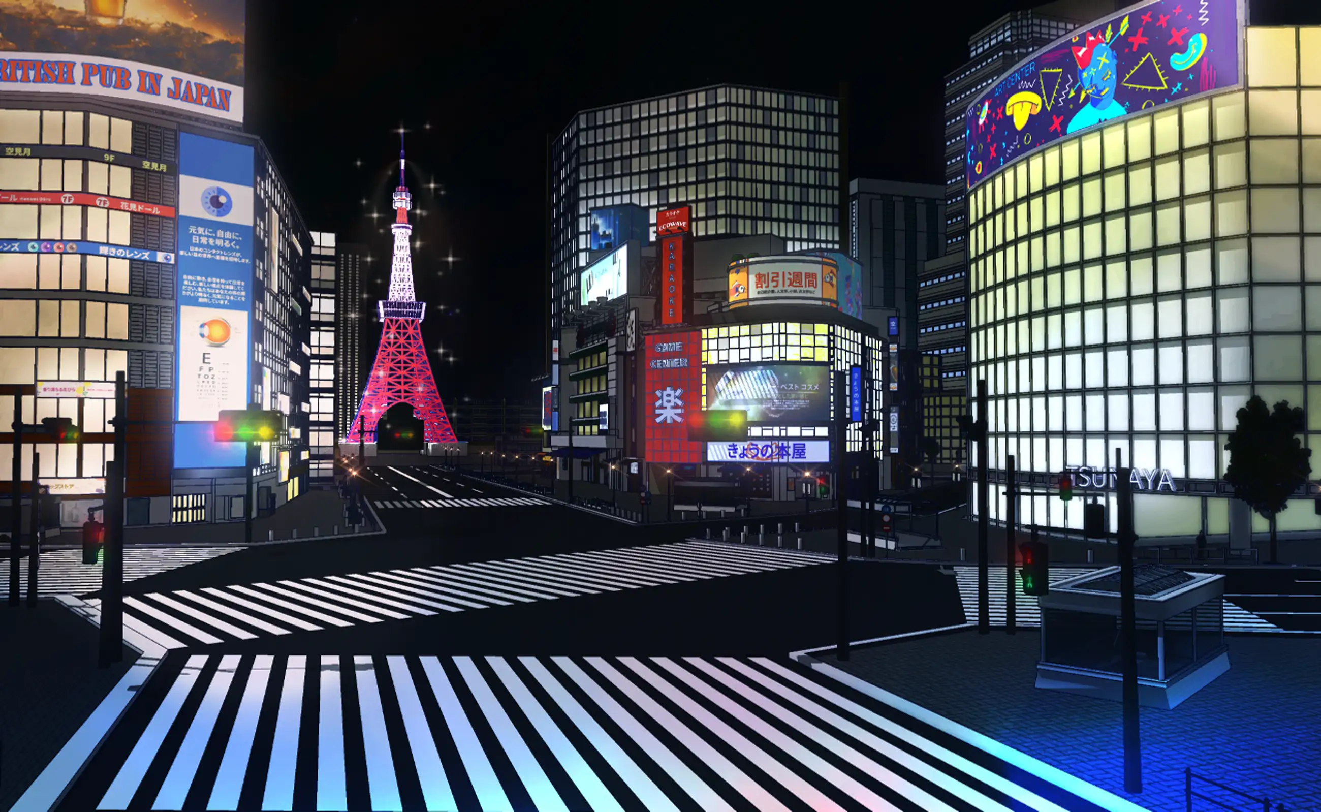 Set of urban intersections in Japan with a view of Tokyo Tower