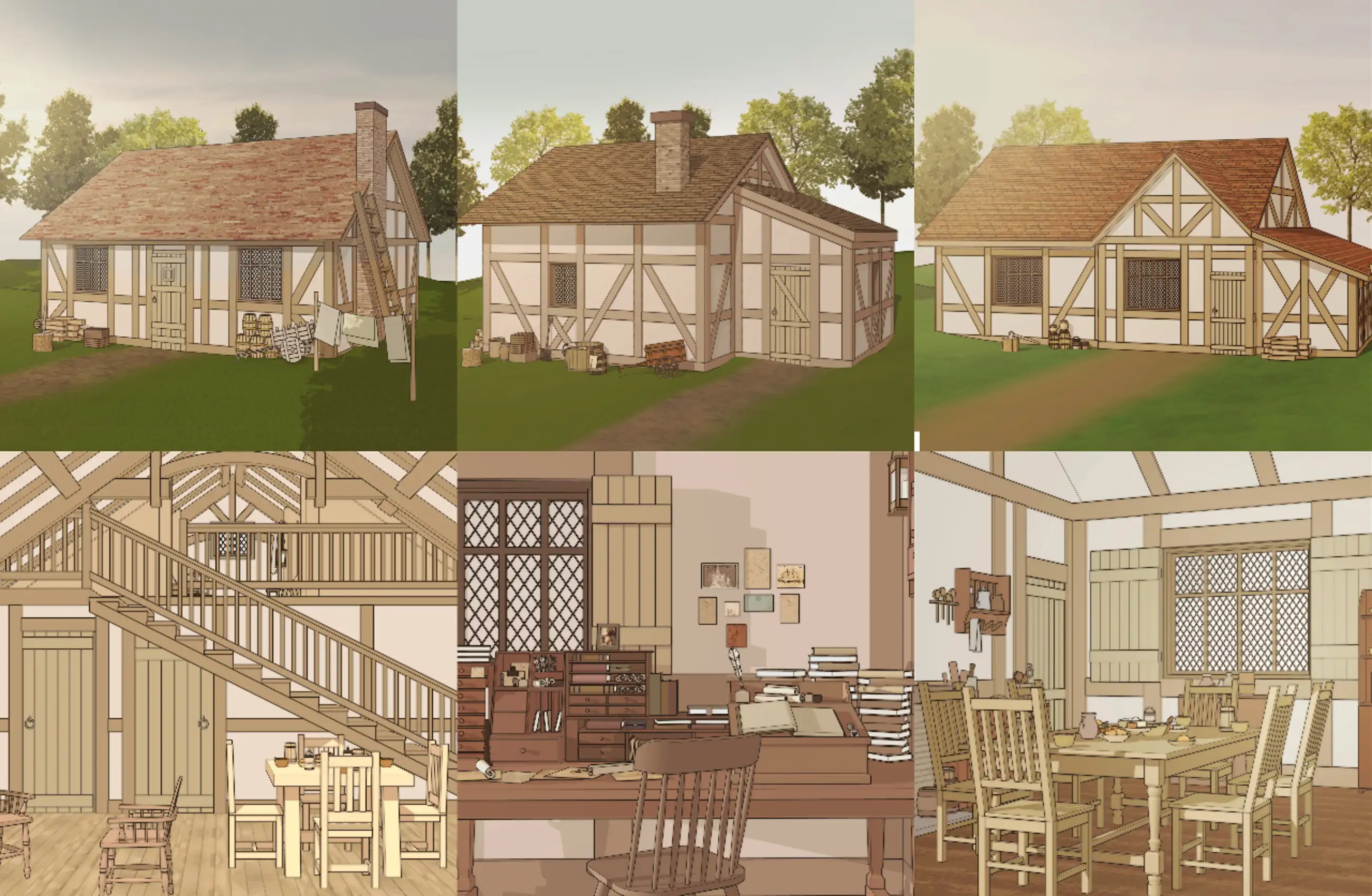 中世纪小屋内部和外部套装