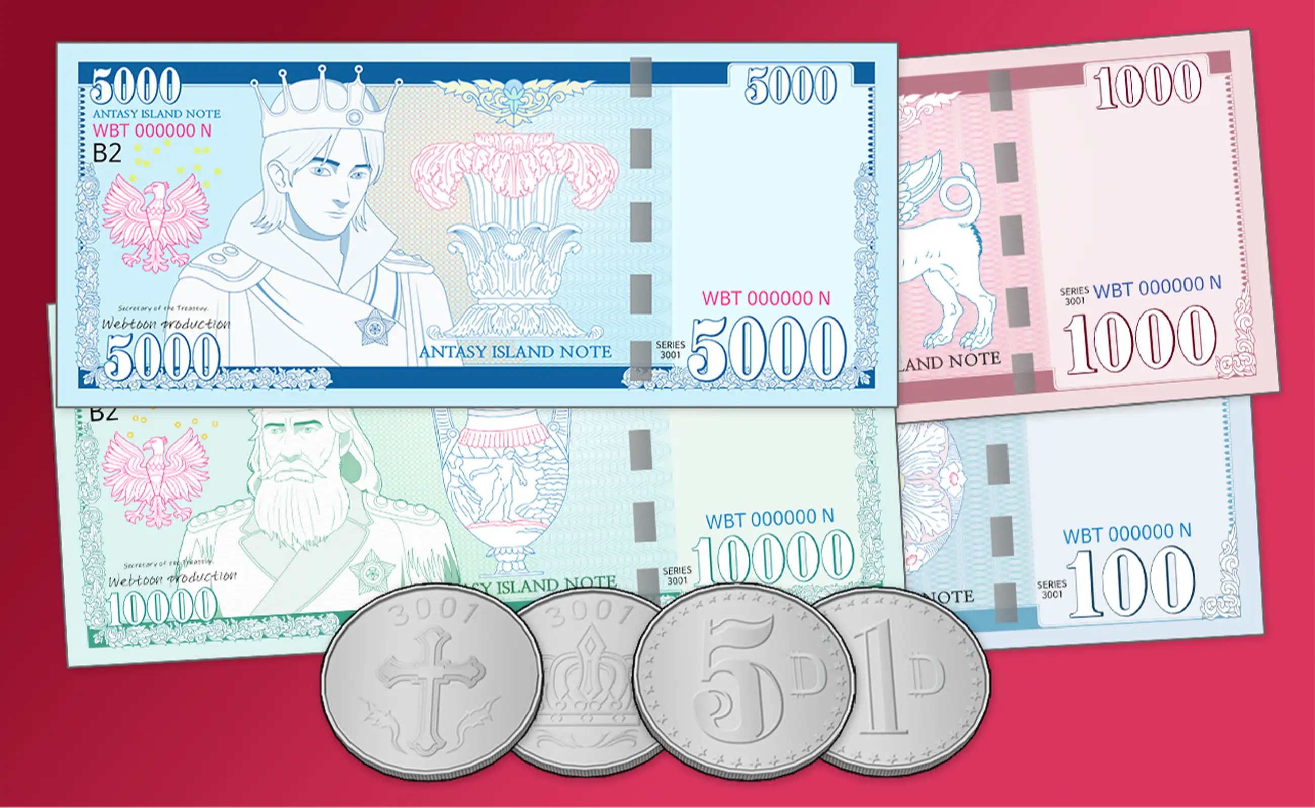 Fantasy currency (money, bills, coins)